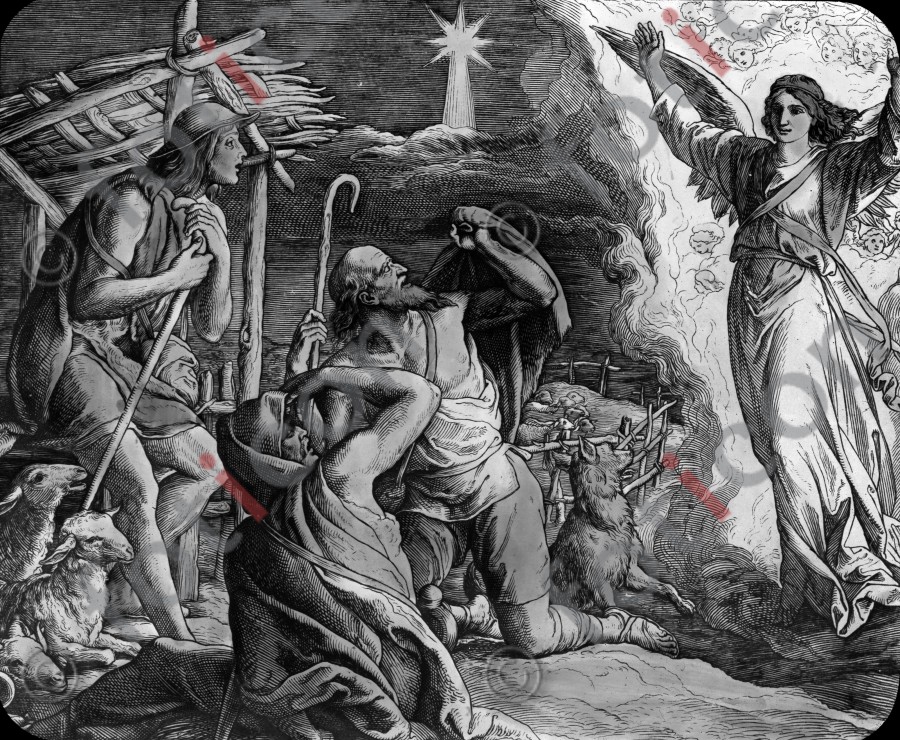 Ein Engel verkündet den Hirten die Geburt Christi | An angel announces to shepherds the birth of Christ (simon-101-014-sw.jpg)